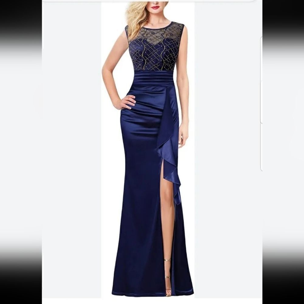 Vfshow Womens Ruched Ruffle High Slit Formal Dress As XL MWT